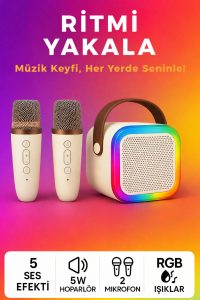 Kablosuz Karaoke Mikrofon Seti 2’li + RGB Işıklı Bluetooth Hoparlör | Çocuk & Ev Eğlence Sistemi