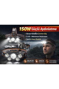 150W Ultra Güçlü 5 Başlıklı LED Kafa Lambası | Şarjlı | Zoomlu | Kamp, Av, Balıkçı Feneri