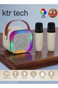 Karaoke Bluetooth Hoparlör Kablosuz Çift Mikrofonlu Rgb Led Işıklı 5 Efektli Şarjlı Ses Bombası