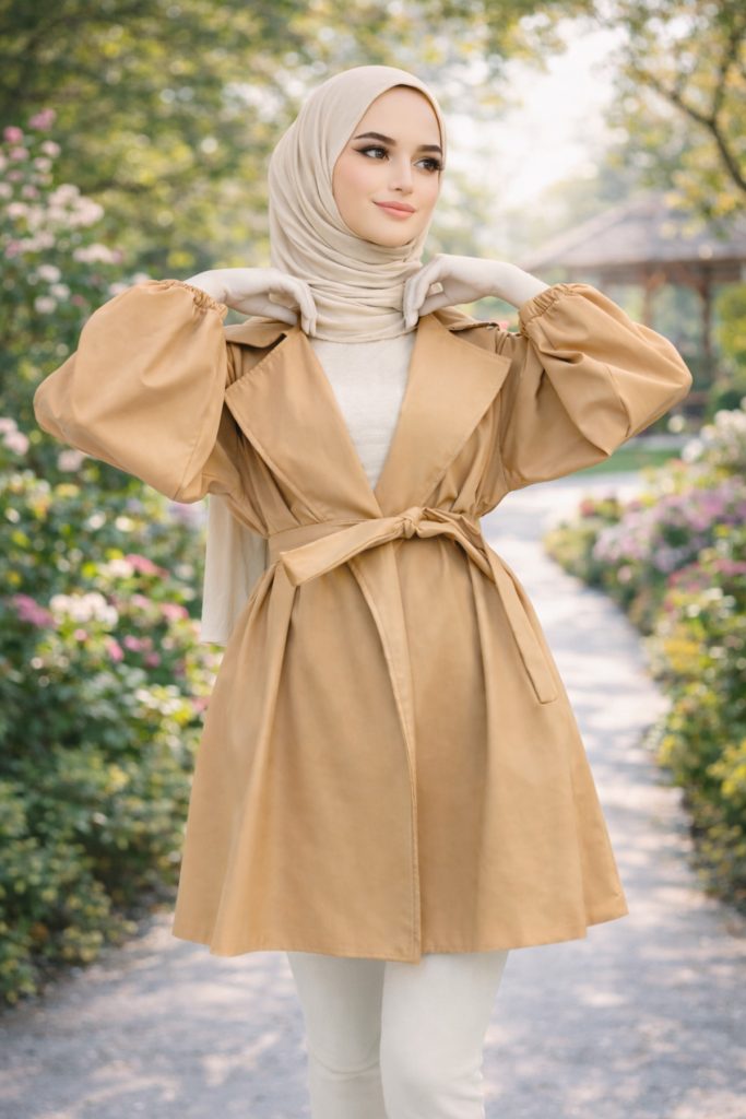 Kadın Tesettür Camel Trençkot – Kuşaklı Rahat Kalıp Yeni Sezon