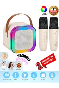Çift Karaoke Mikrofonlu Kablosuz Bluetooth Hoparlör 5 Ses Efektli Rgb Hd Stereo Usb/Sd/FM EKRU RENK