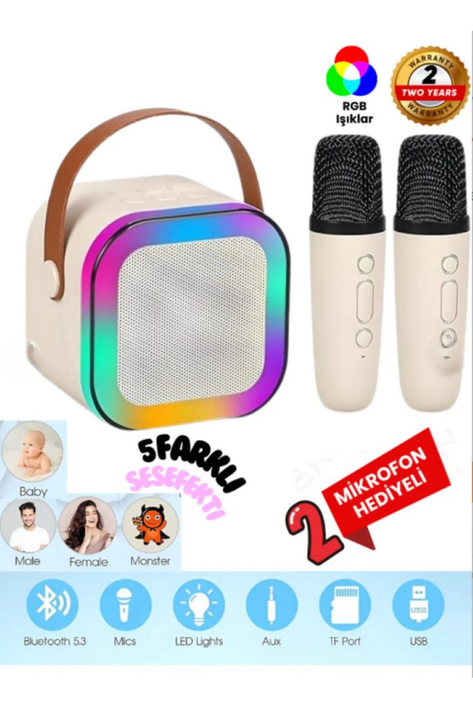 Çift Karaoke Mikrofonlu Kablosuz Bluetooth Hoparlör 5 Ses Efektli Rgb Hd Stereo Usb/Sd/FM EKRU RENK