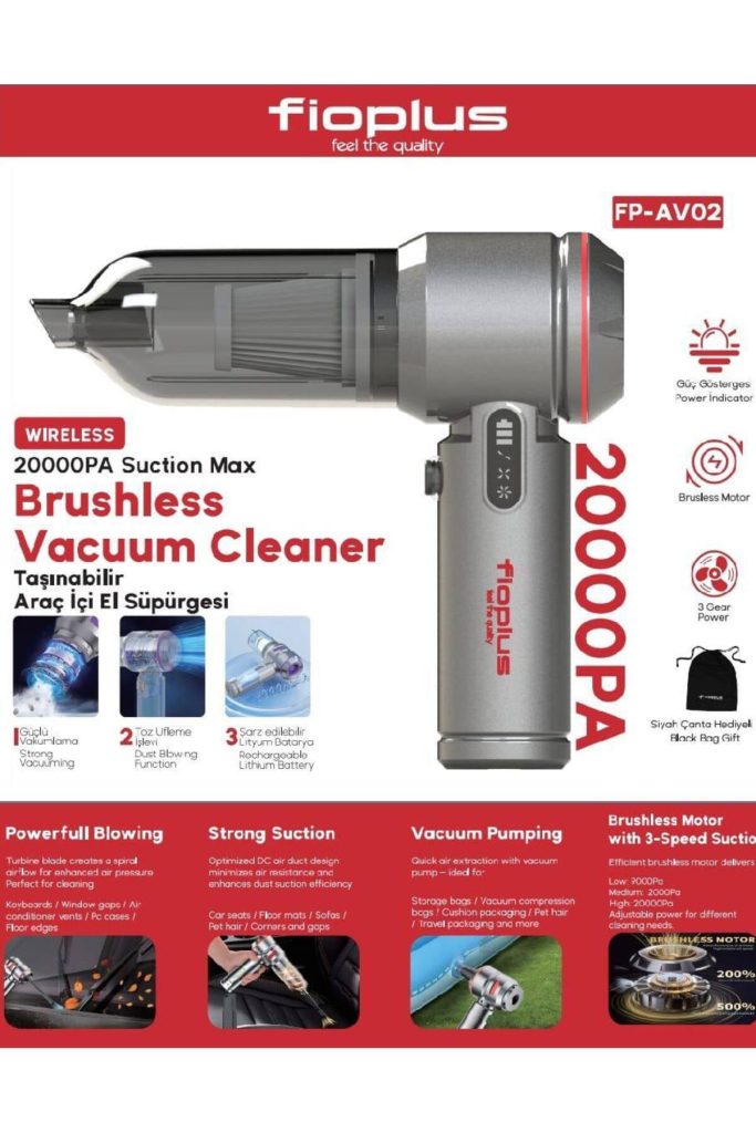 Fp-Av02 20.000 Pa Kablosuz Araç Ve Ev Tipi El Süpürgesi Brushless Motor Çekme & Üfleme