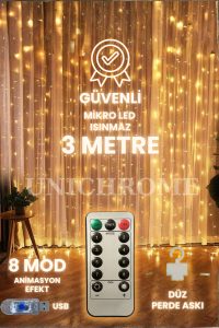 300 Ledli 10 Sarkıt Perde Led Işık Yılbaşı Oda Dekorasyon 8 Fonksiyon, Kumandalı, 3×3 Mt, Düz Askı