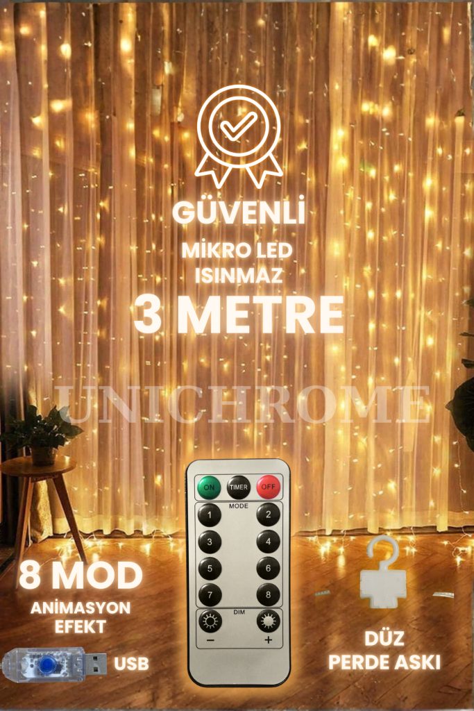 300 Ledli 10 Sarkıt Perde Led Işık Yılbaşı Oda Dekorasyon 8 Fonksiyon, Kumandalı, 3×3 Mt, Düz Askı