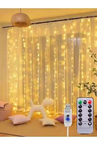3×3 Metre Sıcak Beyaz Uzaktan Kumandalı Usb Bağlantılı Perde Led Işık Zinciri