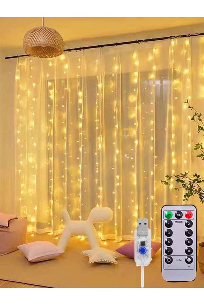 3×3 Metre Sıcak Beyaz Uzaktan Kumandalı Usb Bağlantılı Perde Led Işık Zinciri