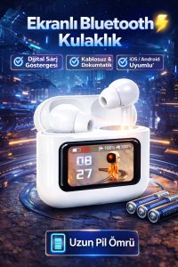 TWS Ekranlı Bluetooth Kulaklık – Dijital Şarj Göstergeli, Dokunmatik, Uzun Pil Ömrü