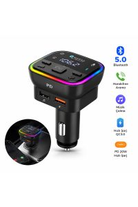Bluetooth 5.0 FM Transmitter Araç Şarj Cihazı | PD 20W + QC3.0 Hızlı Şarj | USB Bellek & Handsfree