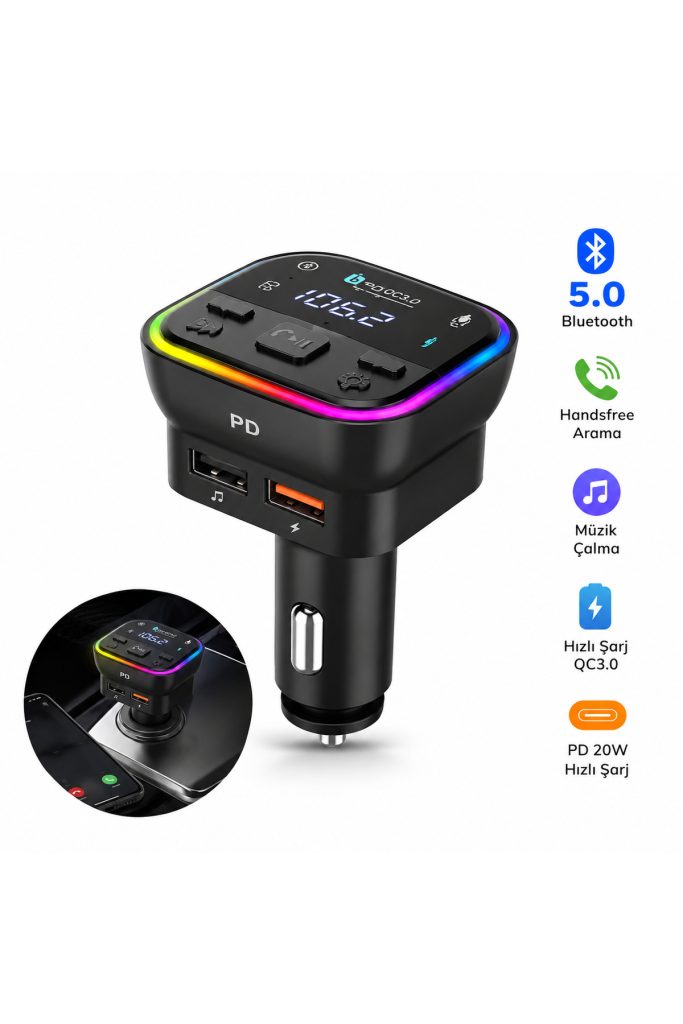 Bluetooth 5.0 FM Transmitter Araç Şarj Cihazı | PD 20W + QC3.0 Hızlı Şarj | USB Bellek & Handsfree