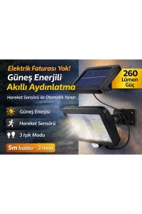 Güneş Enerjili Sensörlü LED Projektör | 5 Metre Kablolu | 3 Modlu | 260 Lümen Dış Mekan Aydınlatma